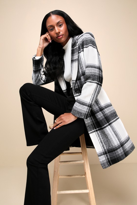 Cher Ivory Black and White Plaid Brushed Wool Coat 4
