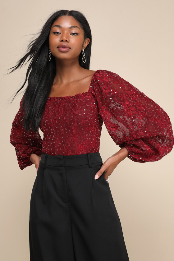 Lulus Charming Sophistication Burgundy Lace Sequin Long Sleeve Top