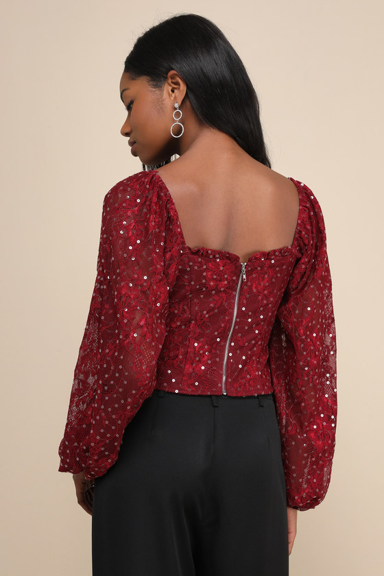 Charming Sophistication Burgundy Lace Sequin Long Sleeve Top 3