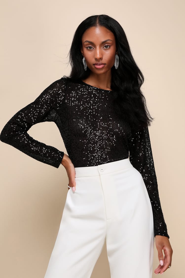 Shining Excellence Black Mesh Sequin Long Sleeve Crop Top