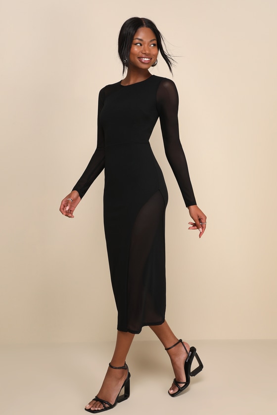 Lulus Tempting Moves Black Mesh Long Sleeve Midi Dress