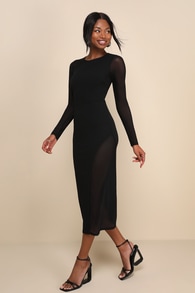 Tempting Moves Black Mesh Long Sleeve Midi Dress
