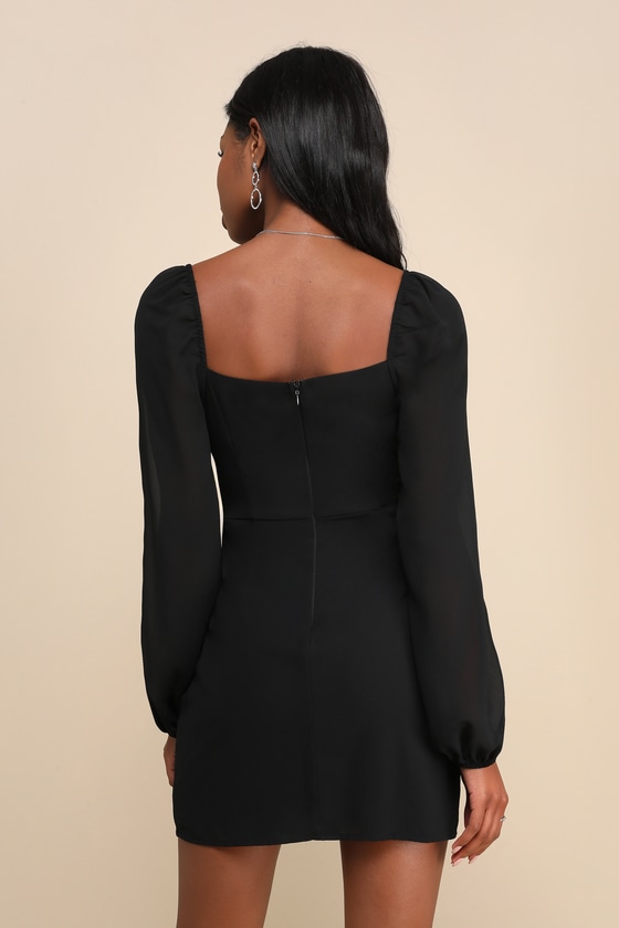 ◆OHESHIO◆ BALLOON MINI DRESS BLACK 25SS-15001WHBL Black Chiffon Dress - Balloon Sleeve Dress - Chiffon Mini