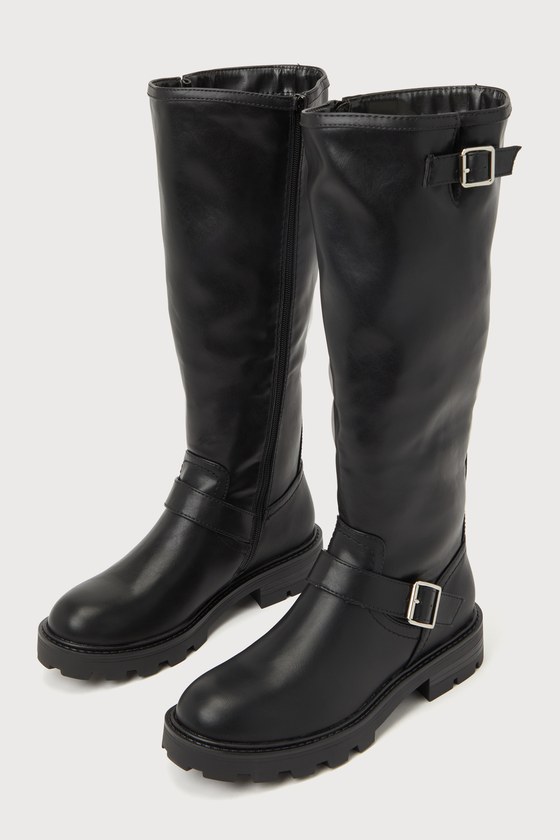 Freedomm Black Pari Buckle Knee-High Moto Boots 1