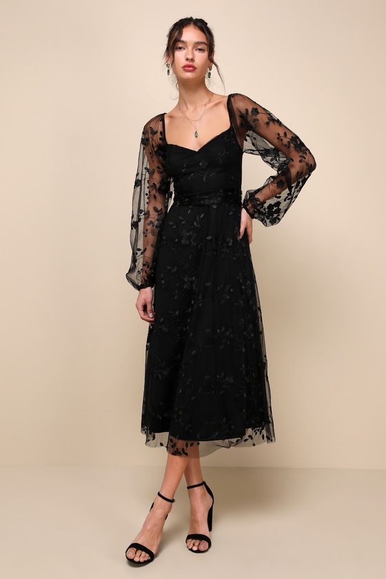 Lulus Darling Charisma Black Mesh Embroidered Midi Dress