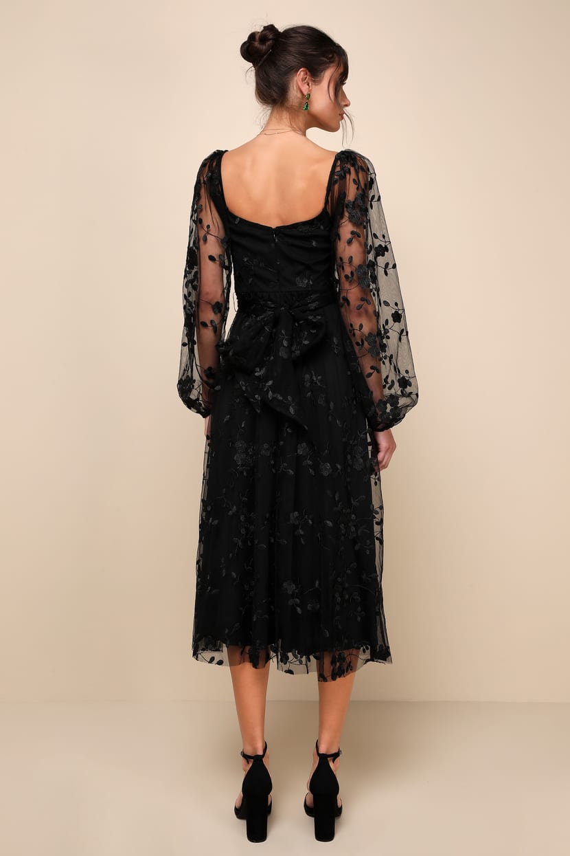 Darling Charisma Black Mesh Embroidered Midi Dress