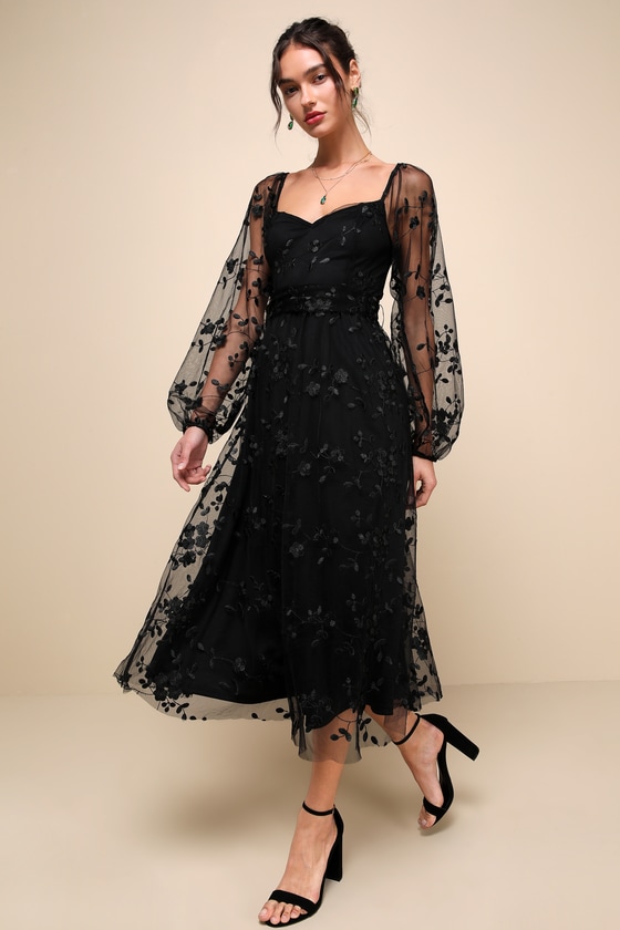 Black Midi Dress - Mesh Embroidered Dress - Balloon Sleeve Dress - Image 4