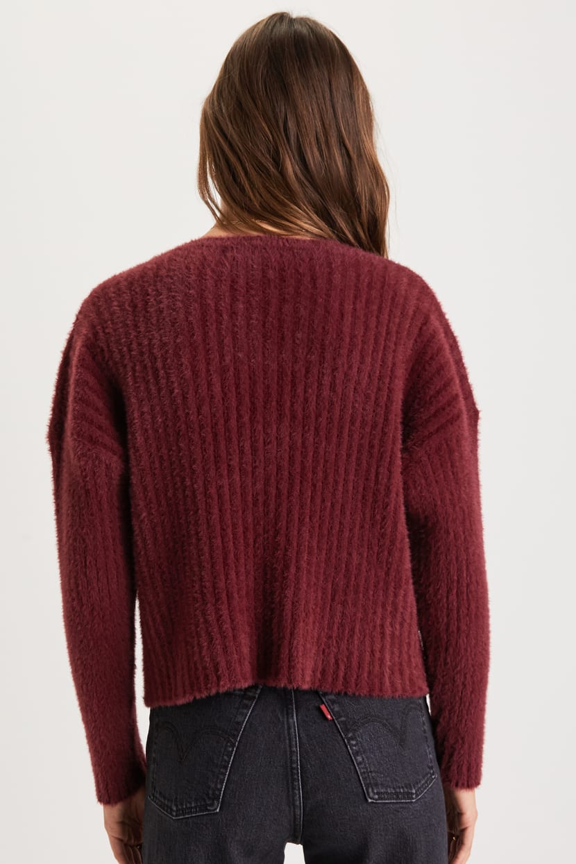 Burgundy Sweater - Eyelash Knit Sweater - V-Neck Sweater - Lulus