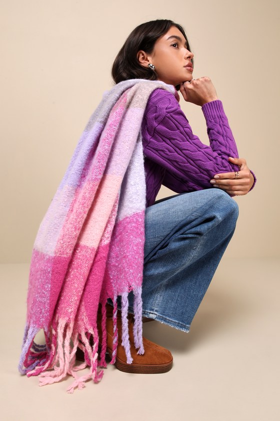 Warm Expression Pink and Purple Plaid Scarf 5