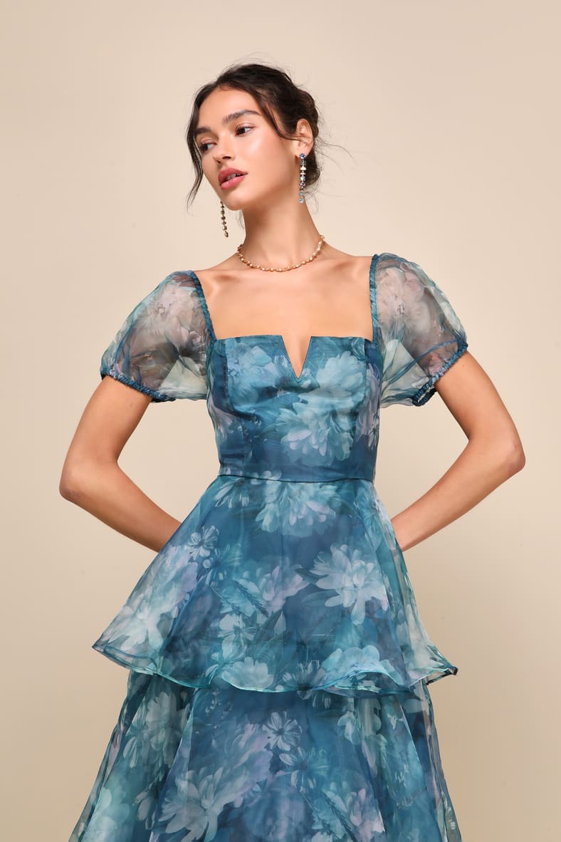 Darling Vision Teal Floral Organza Puff Sleeve Tiered Midi Dress
