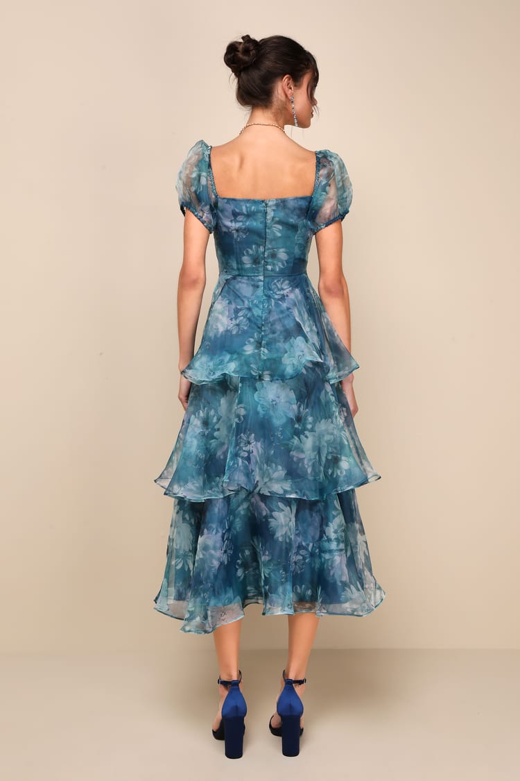 Darling Vision Teal Floral Organza Puff Sleeve Tiered Midi Dress