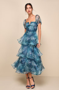 Darling Vision Teal Floral Organza Puff Sleeve Tiered Midi Dress