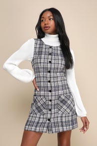Posh Arrival Navy Blue Multi Plaid Tweed Mini Dress 1