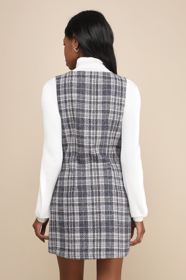 Navy Blue Multi Plaid Dress - Tweed Mini Dress - Cute Plaid Dress - Lulus