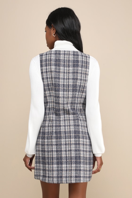 Posh Arrival Navy Blue Multi Plaid Tweed Mini Dress 3