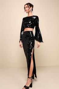 Glowing Icon Black Sequin Feather Two-Piece Maxi Dress