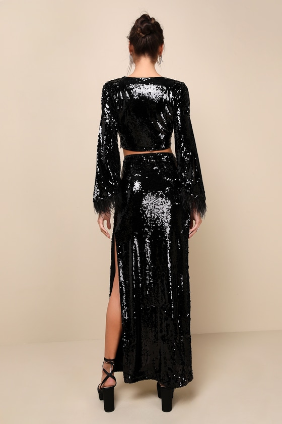 Glowing Icon Black Sequin Feather Two-Piece Maxi Dress 2