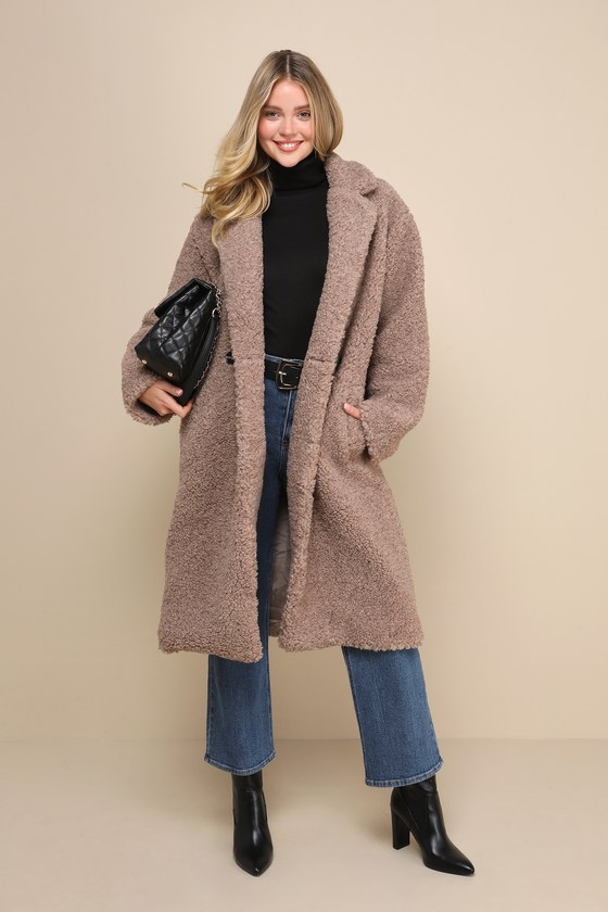 Taupe Shearling Coat - Faux Fur Coat - Double-Breasted Coat - Lulus