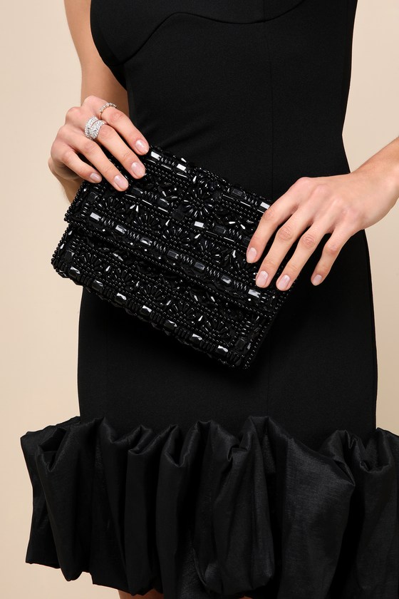 Black Beaded Clutch - Black Clutch - Bead Foldover Clutch