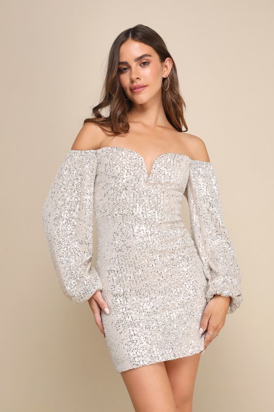 Silver Sequin Dress Sequin Mini Dress OTS Bodycon Dress Lulus