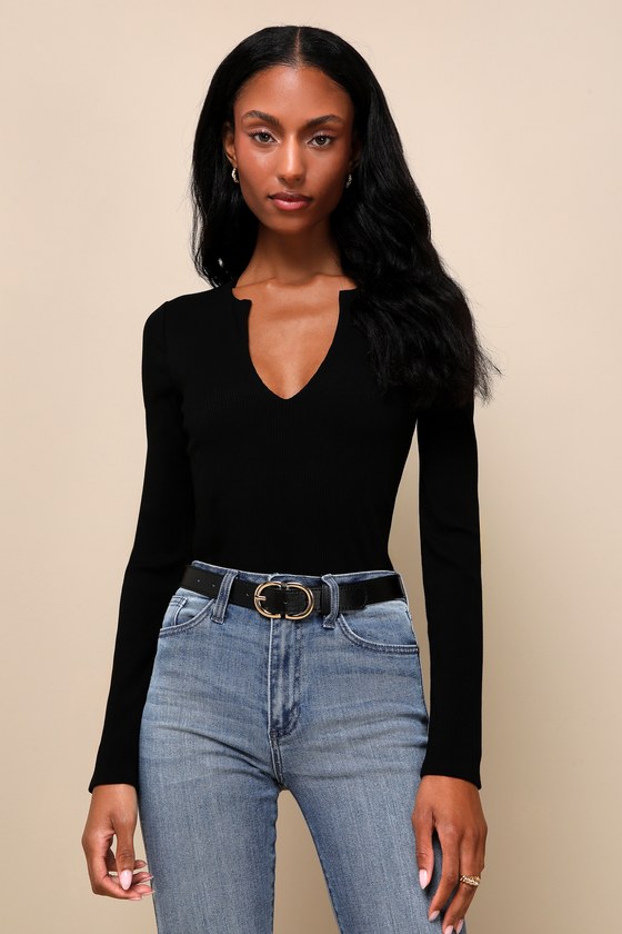 Black Ribbed Knit Top - Notched Neckline Top - Long Sleeve Top - Lulus