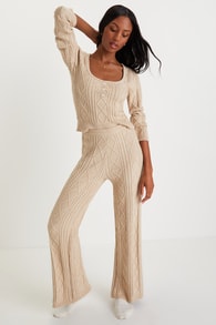 Welcoming Warmth Beige Cable High Rise Wide Leg Sweater Pants