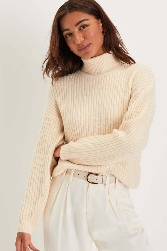 Lulus Toasty Style Cream Ribbed Knit Turtleneck Sweater In White