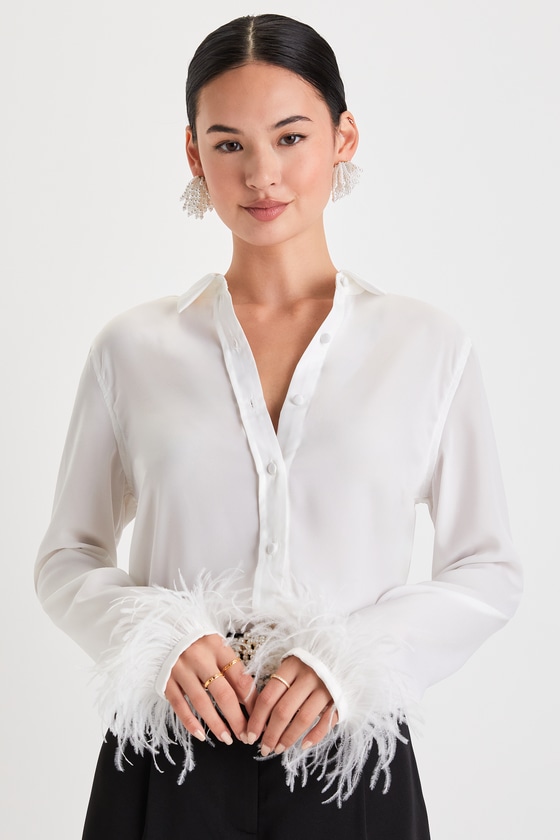 Cute Ivory Button-Up Top - Long Sleeve Top - Feather-Trimmed Top - Lulus
