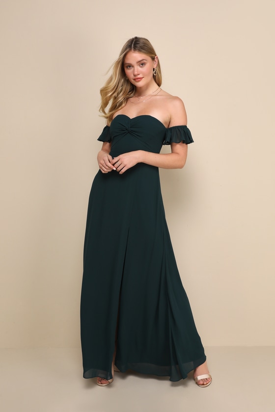 Lulus Absolute Romance Emerald Green Off-the-shoulder Maxi Dress