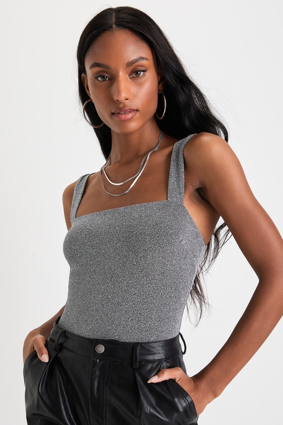 Lulus Symbolize Silver Textured Lurex Sleeveless Bodysuit