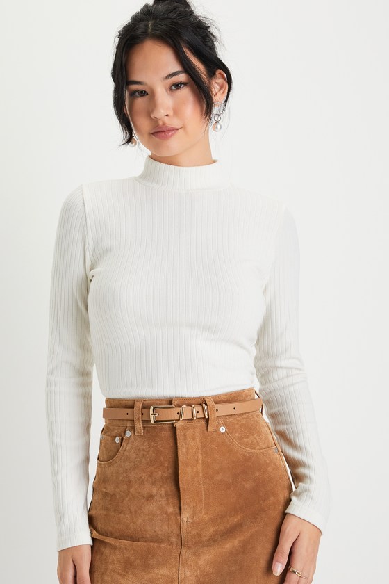 Ivory Ribbed Knit Top - Mock Neck Top - Ivory Long Sleeve Top - Lulus