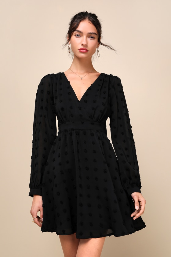 Black Mini Dress - Clip Dot Dress - Long Sleeve Mini Dress - Lulus