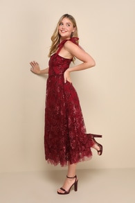 Charming Expression Wine Red Floral Sequin Tie-Strap Midi Dress