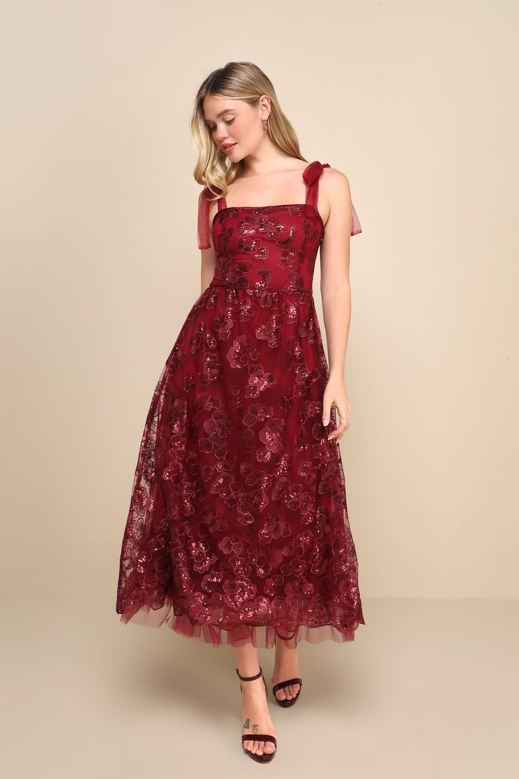 Wine Red Floral Dress - Sequin Dress - Tie-Strap Midi Dress - Lulus
