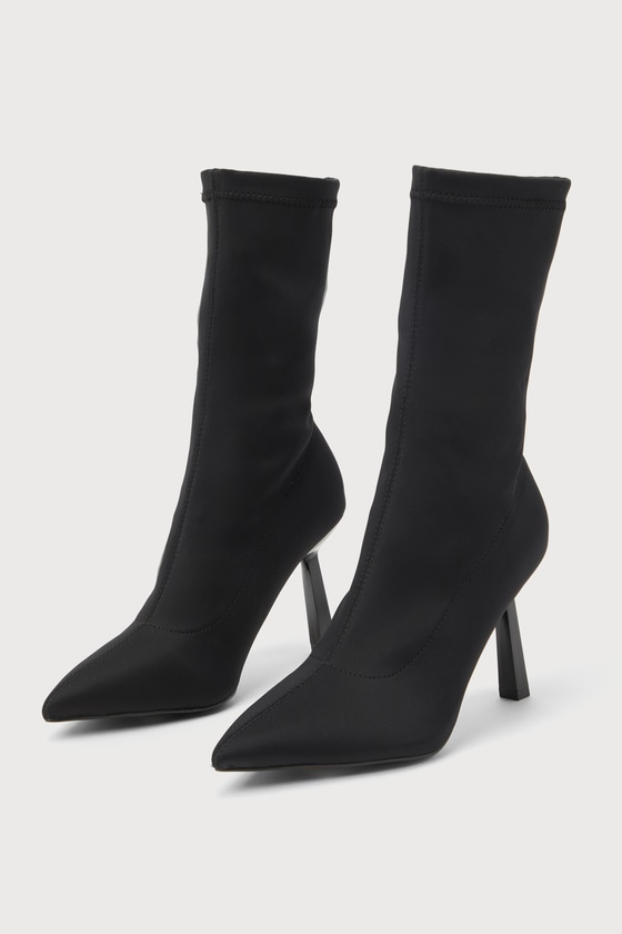 Amsie Black Knit Pointed-Toe Mid-Calf Sock Boots 1