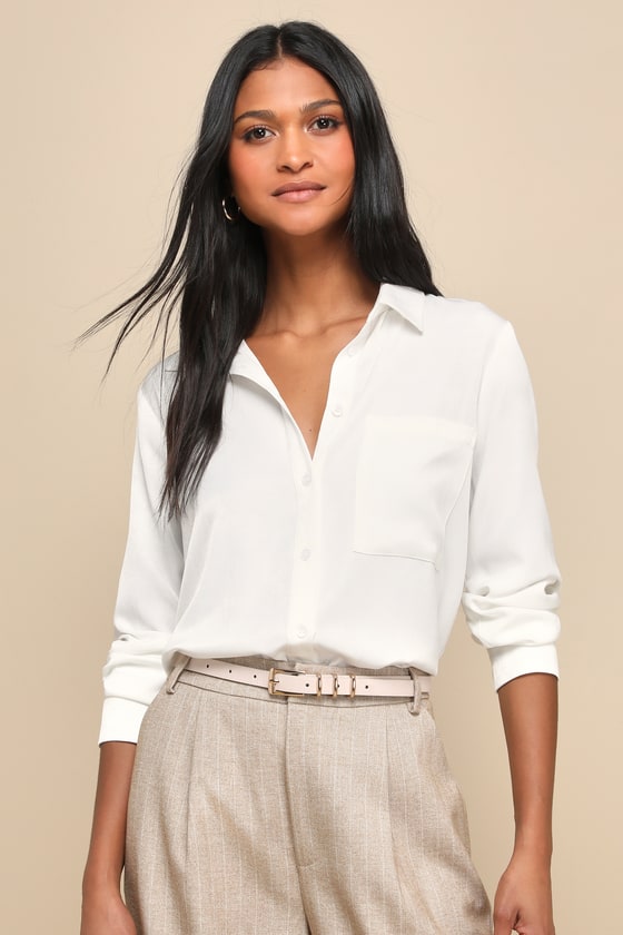 Ivory Long Sleeve Top - Collared Top - Button-Up Top