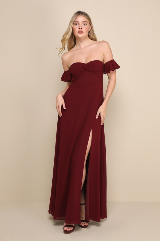 Lulus Absolute Romance Burgundy Off-the-shoulder Maxi Dress