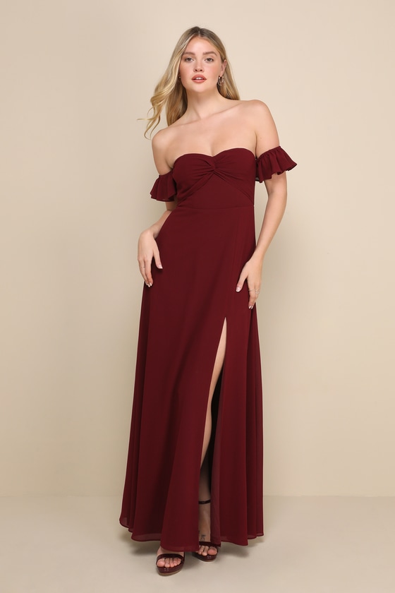 Absolute Romance Burgundy Off-the-Shoulder Maxi Dress 1