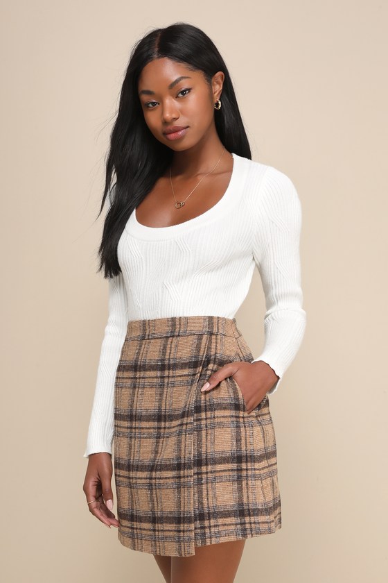 Poised Charm Beige and Brown Tweed Plaid Faux Wrap Mini Skirt 1