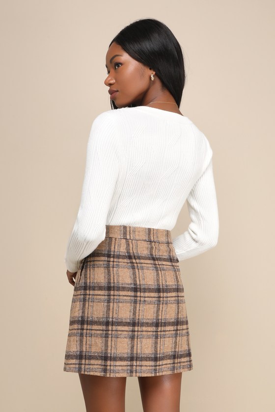 Poised Charm Beige and Brown Tweed Plaid Faux Wrap Mini Skirt 4
