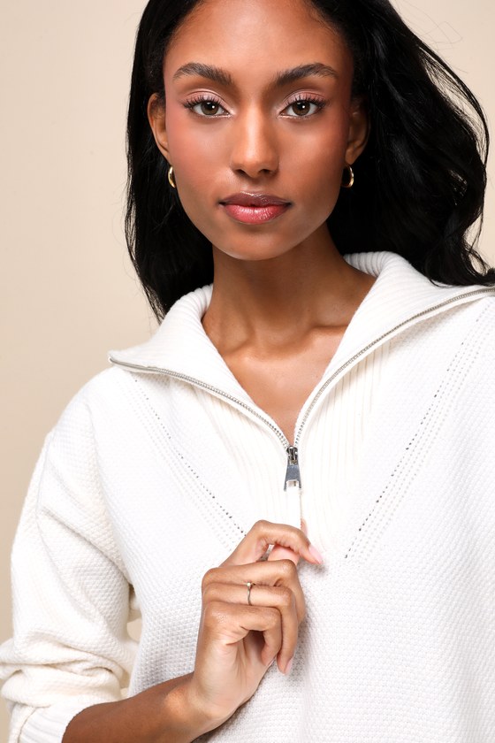 Luxurious Comfort Ivory Waffle Knit Quarter-Zip Pullover Sweater 6