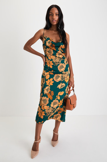 Green Floral Dress Floral Satin Dress Cowl Neck Midi Dress Lulus