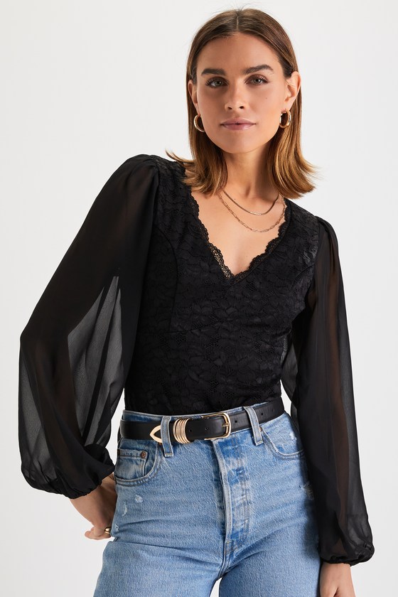 Lulus Worth The Chase Black Lace Balloon Sleeve Bodysuit