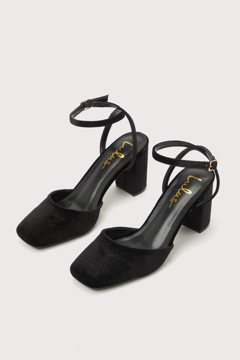 Izzori Black Velvet Square Toe Ankle Strap Heels