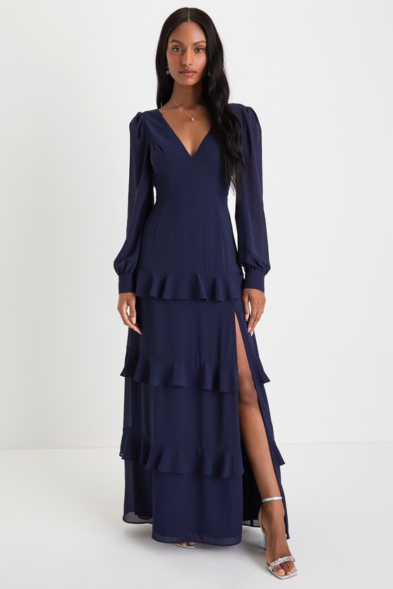 Navy Blue Maxi Dress - Navy Bridesmaid Dress - Tiered Midi Dress - Lulus