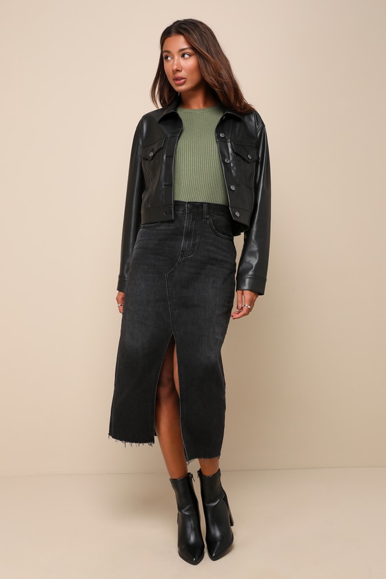 Trendsetting Topic Black Denim High Rise Raw Hem Midi Skirt 1