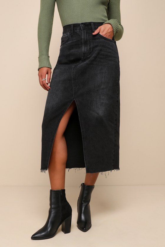 Trendsetting Topic Black Denim High Rise Raw Hem Midi Skirt 2