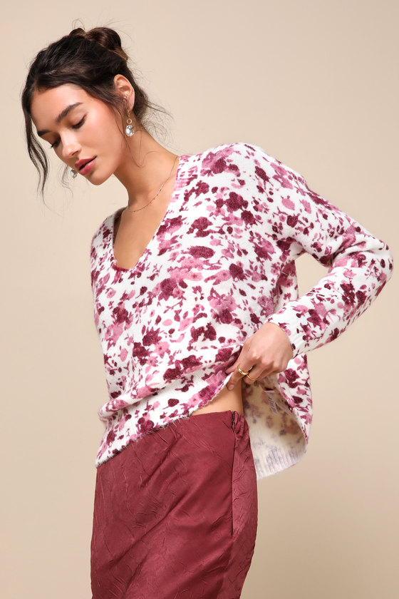 Lulus Easily Darling Ivory And Burgundy Floral Print Pullover Sweater