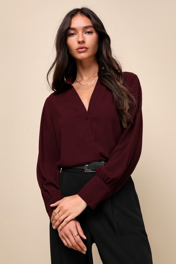 Impressive Simplicity Plum Purple Collared Long Sleeve Top 1
