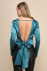 Lovely Outing Teal Green Satin Cowl Neck Backless Tie-Back Top